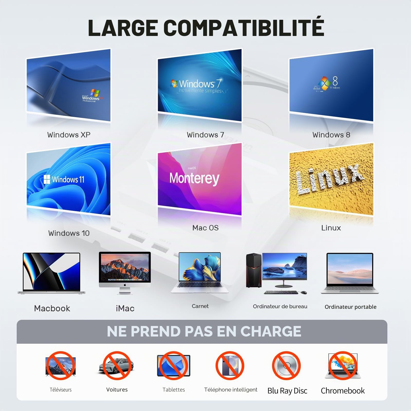 UNITEK Lecteur CD/DVD Externe USB C Lecteur DVD Portable avec emplacements pour Carte SD 3 Ports USB Graveur CD ROM Lecteur de Disque Externe Optique Compatible avec Ordinateur Portable de Bureau Mac