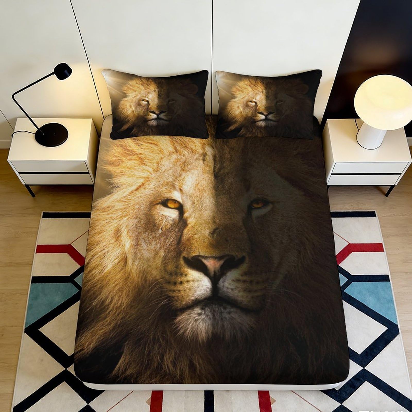 3D Printed Lion Face Fitted Sheet Microfiber Soft Breathable Wild Animal Bed Cover for Bedroom Guest Room Decor 90x200x25cm