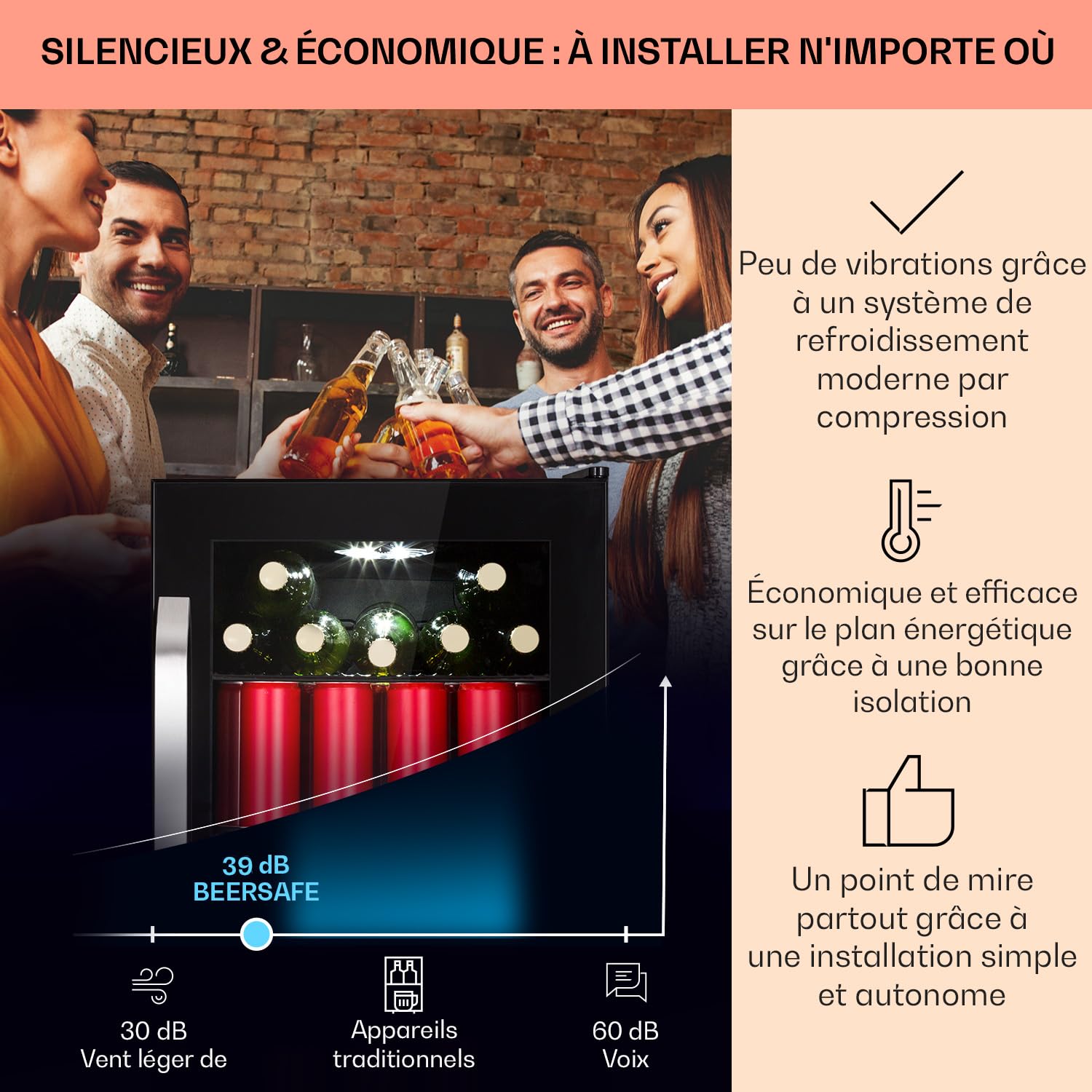 KLARSTEIN Réfrigérateur 70L, Mini réfrigérateur silencieux avec étagères amovibles, porte vitrée & LED, Adapté à l'extérieur, 0-10°C