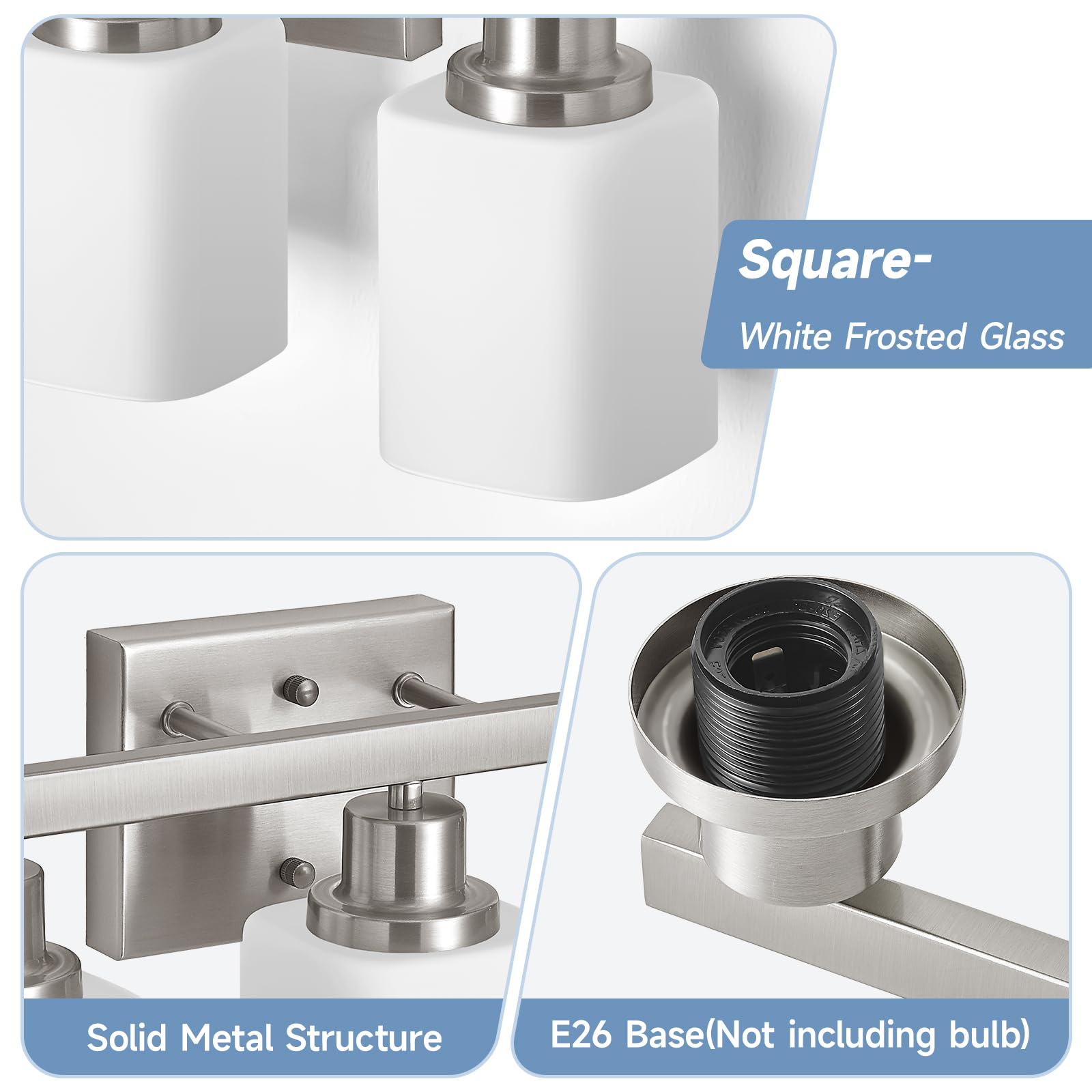 3-Light Bathroom Vanity Light Brushed Nickel Vanity Lights with Square Frosted Glass Modern Bathroom Wall Lights Fixtures Over — view 2