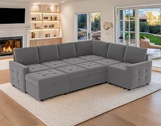 ANJ Modular Sectional Sofa with Pull Out Couch Bed, Convertible U Shaped Sofa Set for Living Room, Storage Seats Ottoman, Grey