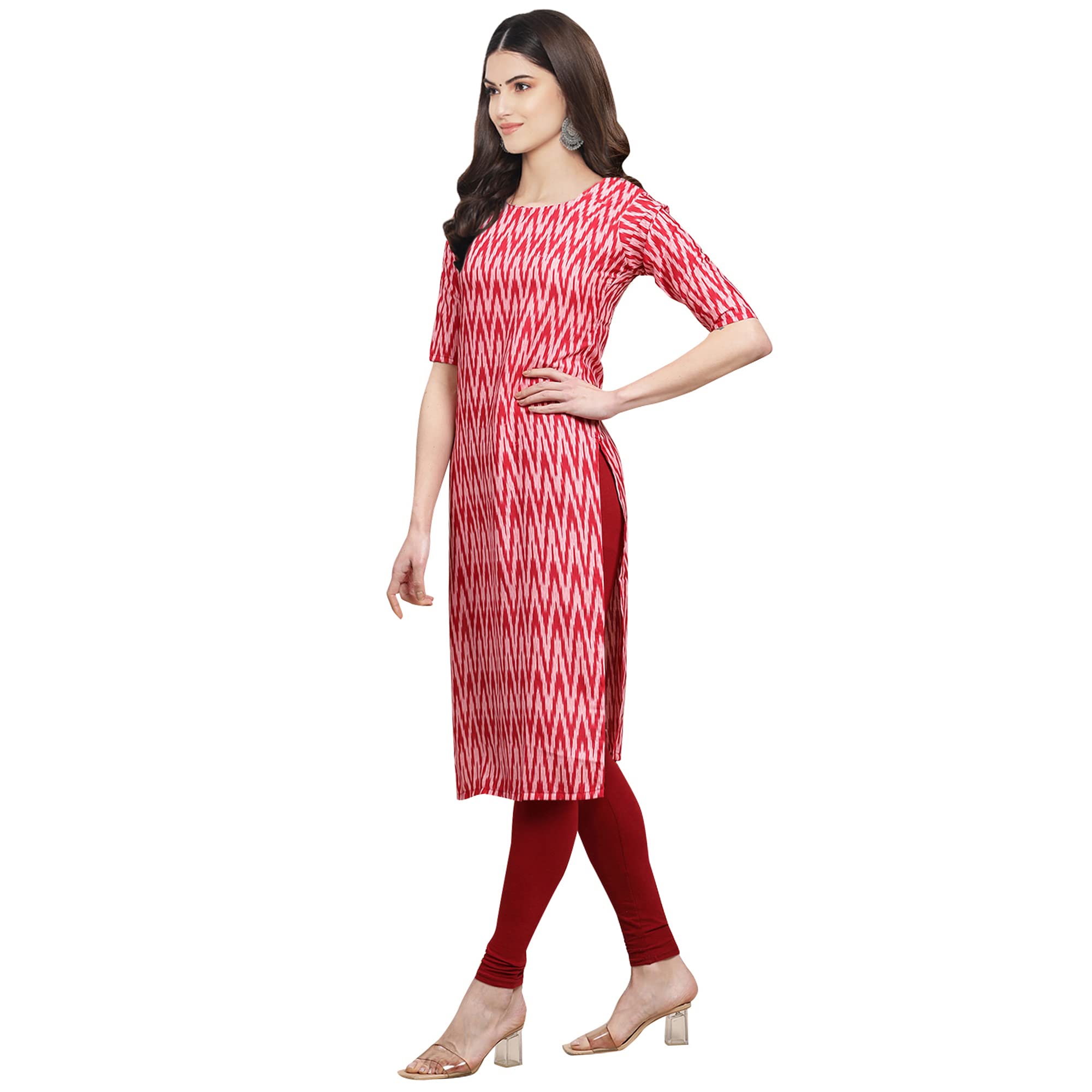 Pinkmint Women's Crepe Pink & Red Color Zig Zag Printed Straight Kurti (530328-M)