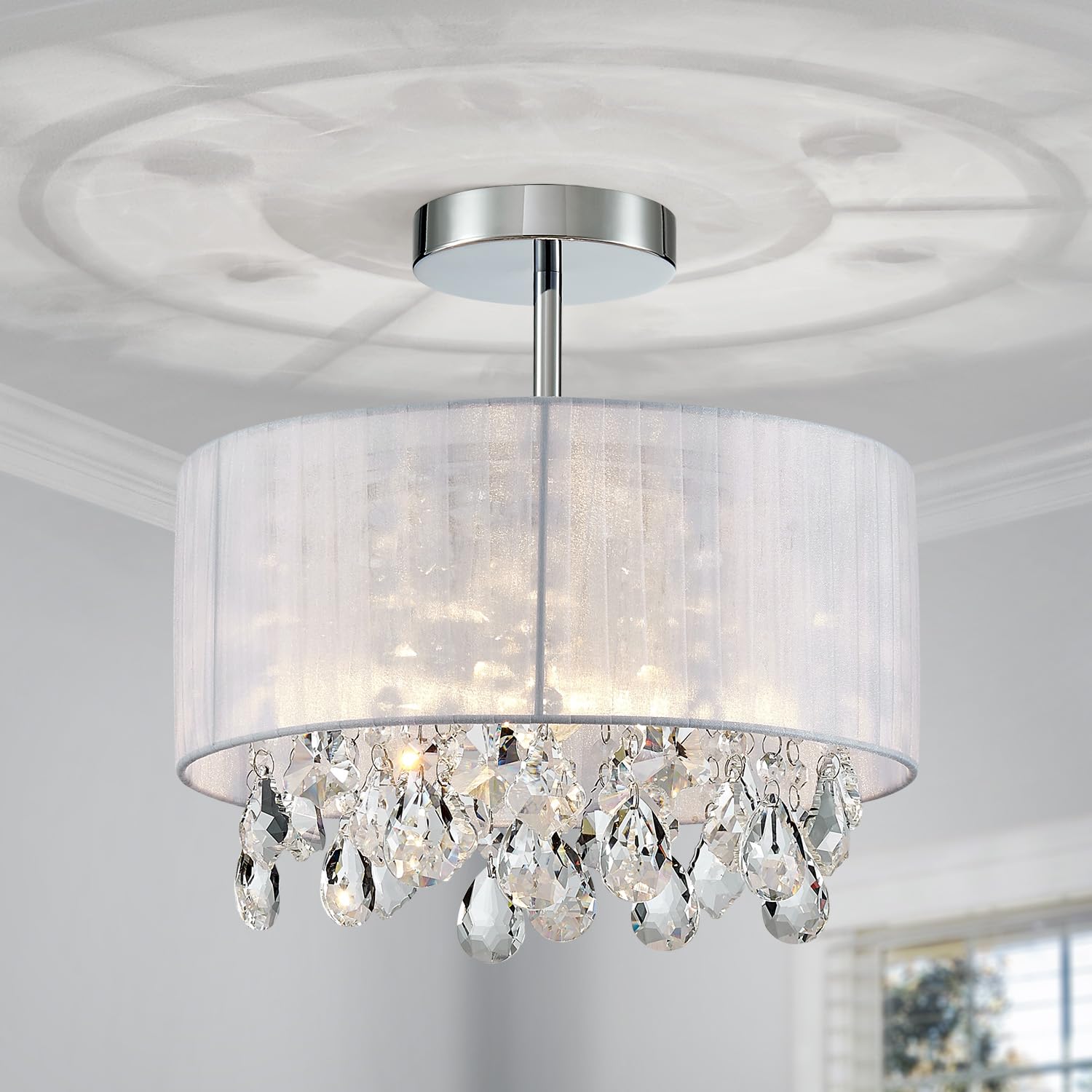 Shrine Lighting Crystal Chandeliers, Modern Design, Ceiling Light Fixture for Living Space, D13'' x H14'', E26*1 Sockets, White Fabric Lampshade & Chrome Finish