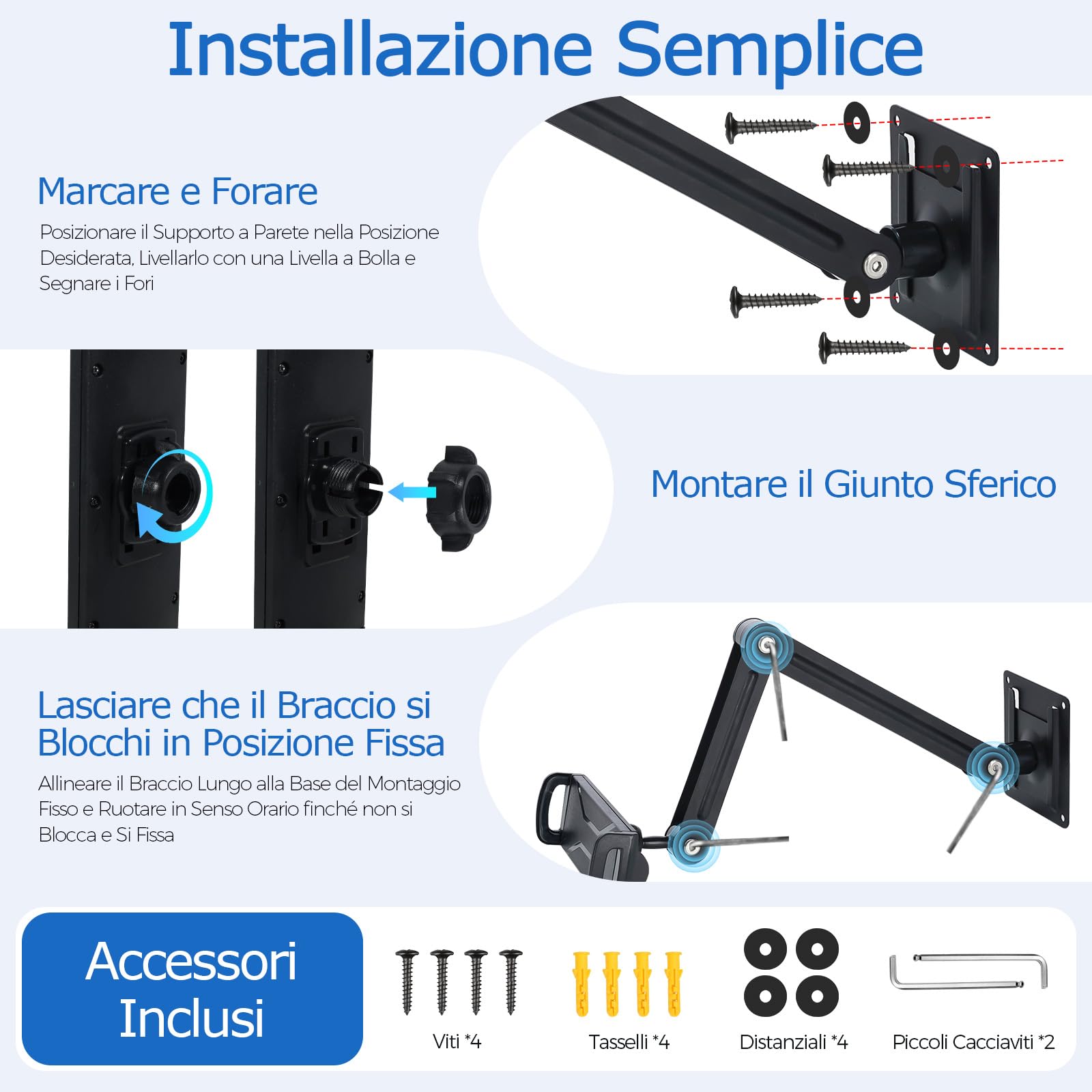 Porta Tablet da Letto in Alluminio, Supporto 360° Girevole per iPad 4.7-13 Pollici, a Muro