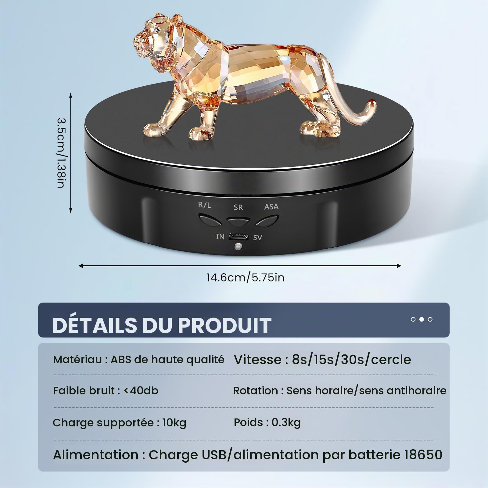 Plateau Tournant Electrique, Direction et Vitesse à 360 Degrés Réglables Tournante Rotative Électrique, Charge de 10KG Automatique Support Rotatif Motorisé Rechargeable avec 5 Panneaux de Fond