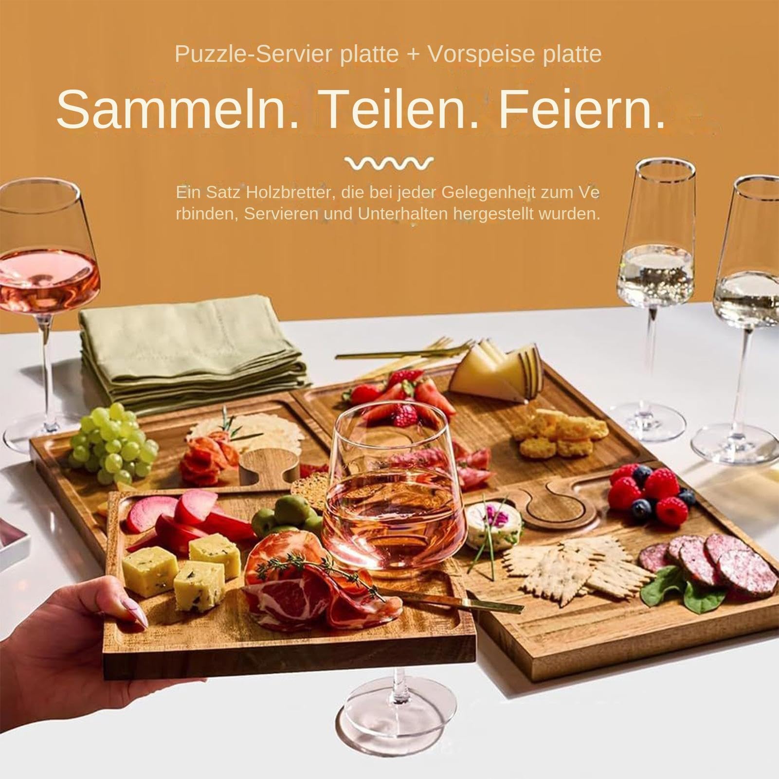 Bandeja De Servicio Presentación Moderna De Madera Tipo Puzzle | Tabla de Quesos y Embutidos con Asas Para Snack Tarta Postre Cocina Hogar Sala De Estar De Estreno Buffet De Vacaciones