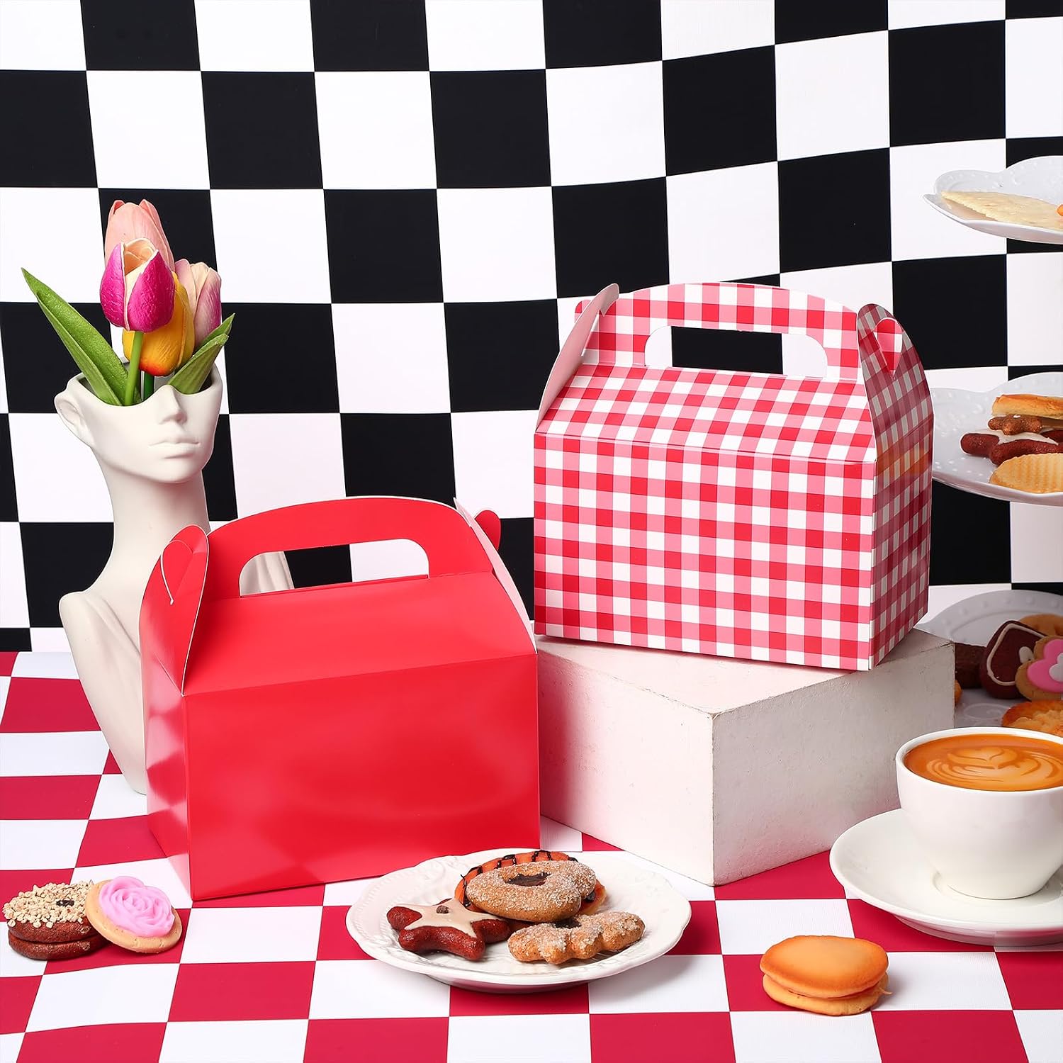 Marspark 24 Pcs Red and White Gingham Treat Boxes Checkered Candy Goodies Gable Boxes Plaid Cardboard Container Bulk with Handles for Picnic BBQ Birthday Family Farm Party Favors