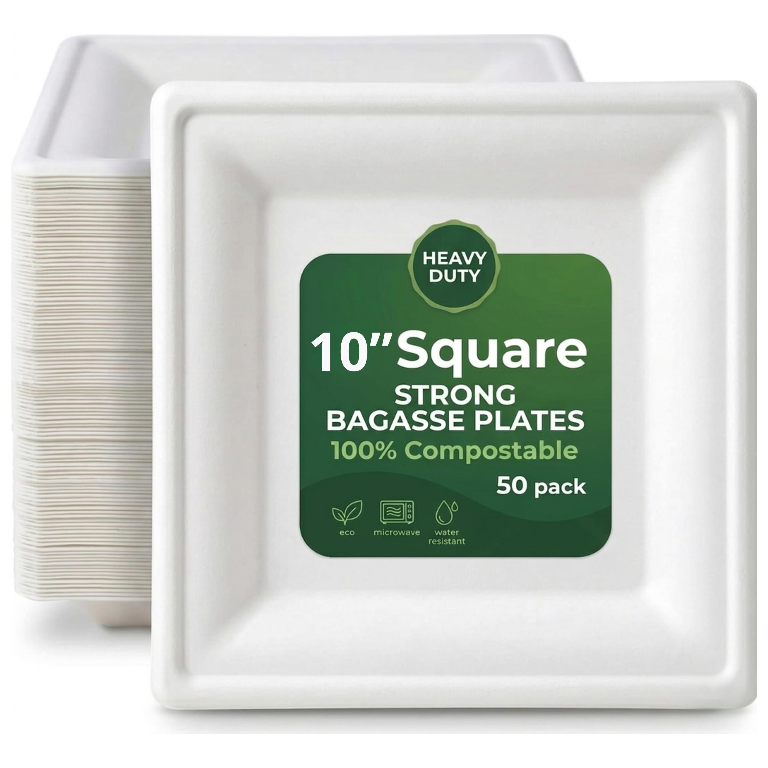 Ask Packaging Strong Paper Plates (10 Inch, 50 Pack) Compostable Disposable Square Bagasse Plates