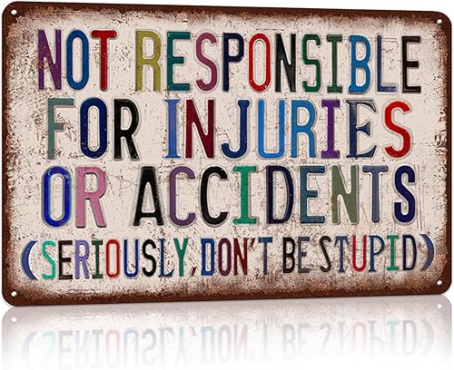 Decoración de pared de advertencia vintage, divertidos letreros de metal para decoración de barra de garaje, no es responsable de lesiones o
