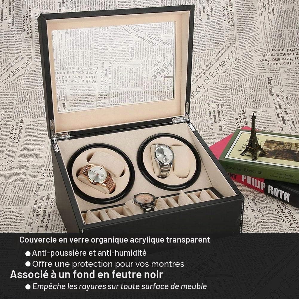 Ejoyous Luxury Remontoir Montre Automatique 4 + 6, Boitier Remontoir Montre Rotate Watch Winders Boîte à Bijoux de Rangement en Cuir PU avec Moteur Silencieux noir 31 x 24 x 18 cm