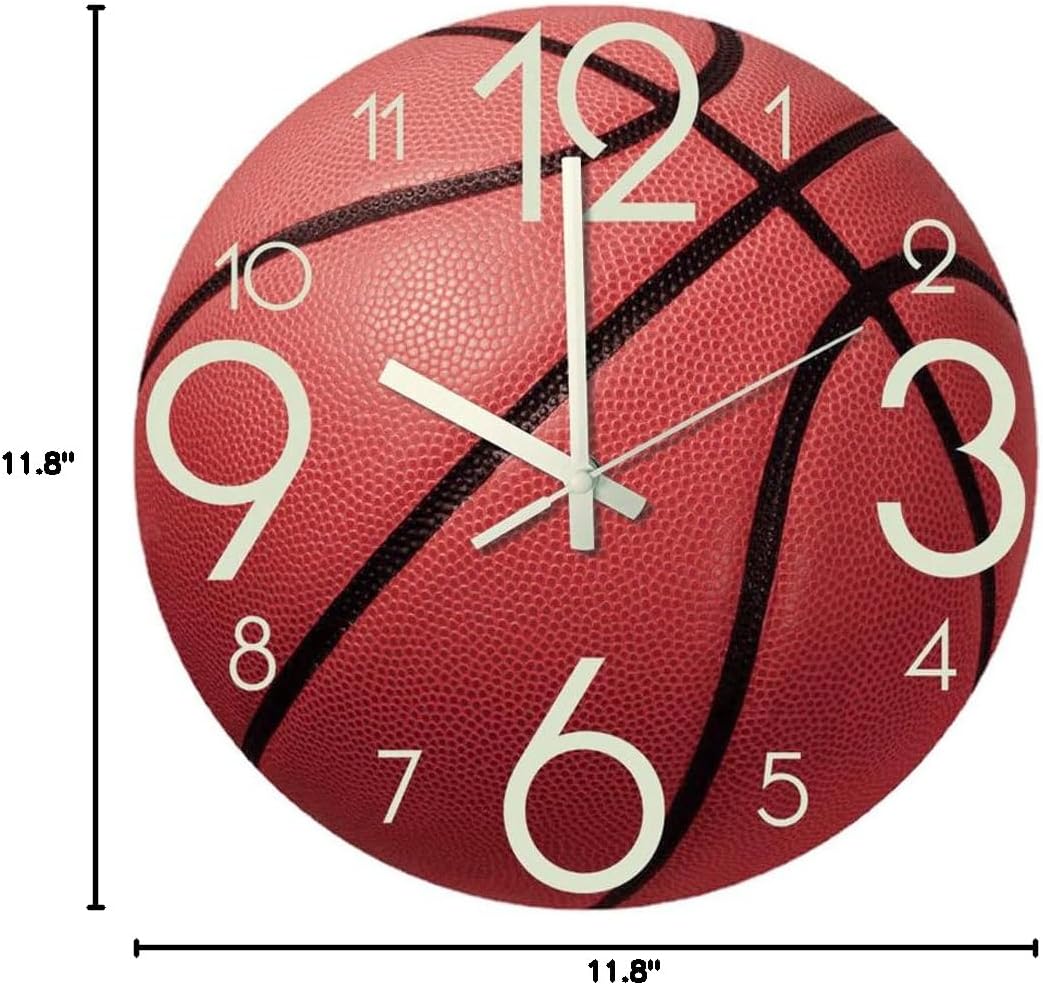 Valentoria Wall Clock Basketball WallClock 12 Inch Luminous Silent for Bedroom, Living Room, Birthday Chritmas Gifts Present for Kids Son Boys Baby Children NBA Basketball NCAA Fans (Basketball L)