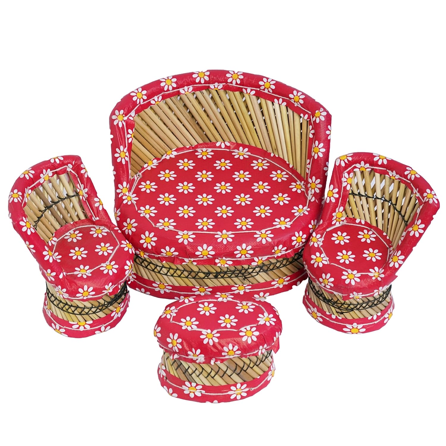 DIGSMORDEN 4 Pcs Baby Mudda Set with Sofa, 2 Chair & Table | Small Mudha Showpiece Set for Home Decor/Gifts idea Made by Bamboo Sticks-11cm, Red Color-image-14