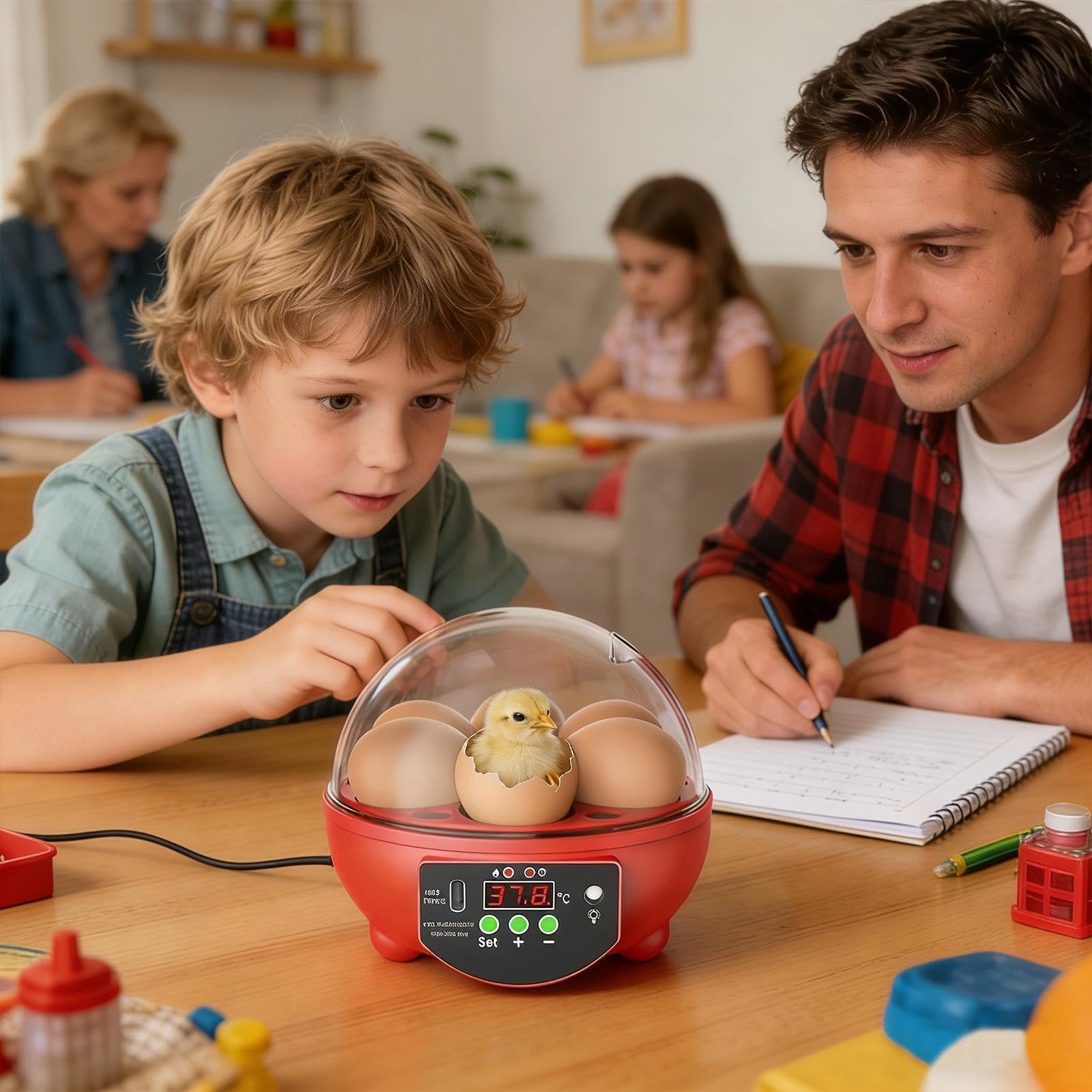 Brutautomat für Hühnereier - Mini 6-Fach Inkubator | Automatische Temperaturkontrolle & Feuchtigkeitsanzeige, Brutkasten mit Klarsichtfenster für Wachteln Enten & Hühner, USB-Betrieb Schule &