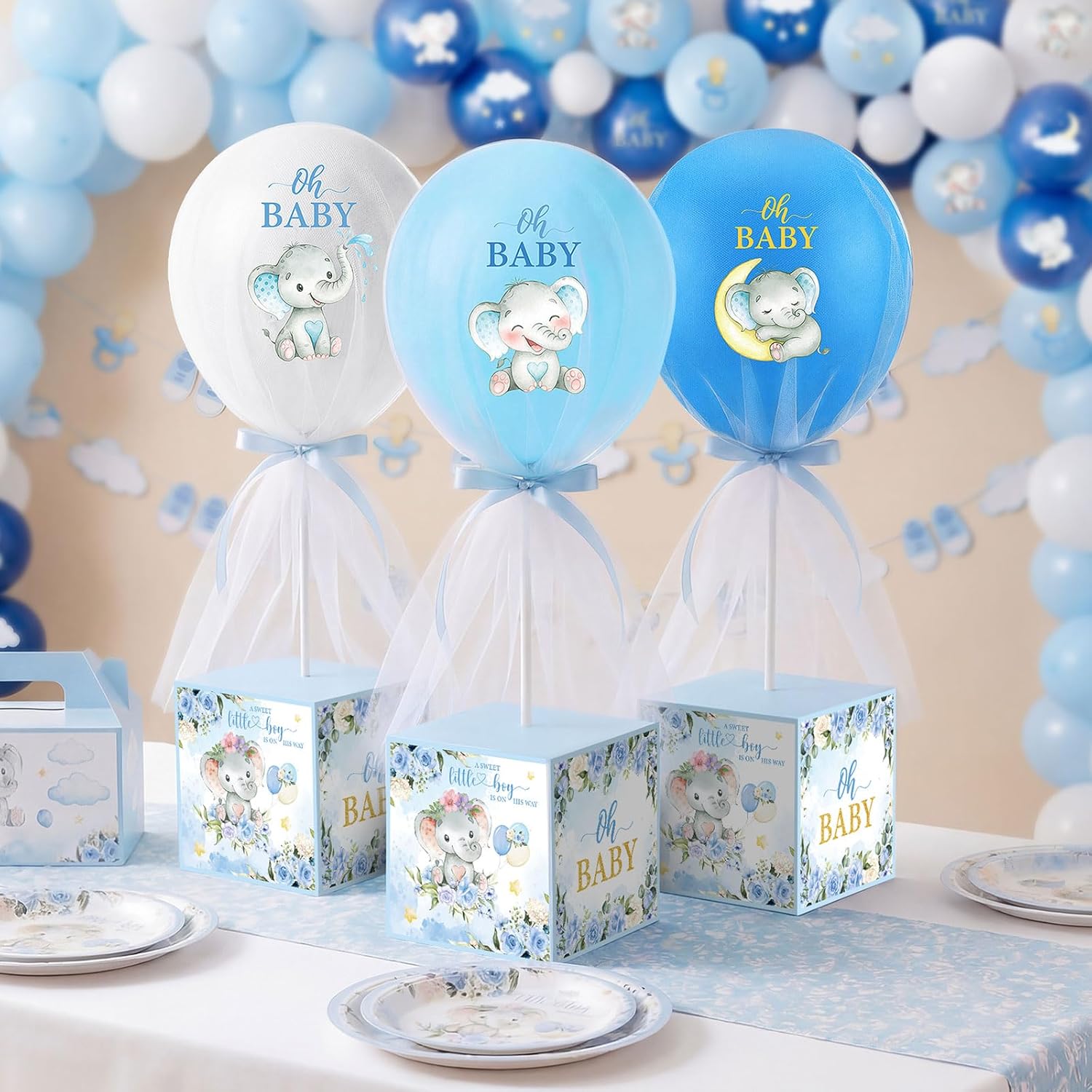 6 Set Elephant Tulle Tutu Balloon with Letter Boxes Baby Shower Table Centerpieces Decor for Gender Reveal Balloons Tulle Cover with Stand Elephant Themed Baby Shower Birthday Party(Blue)