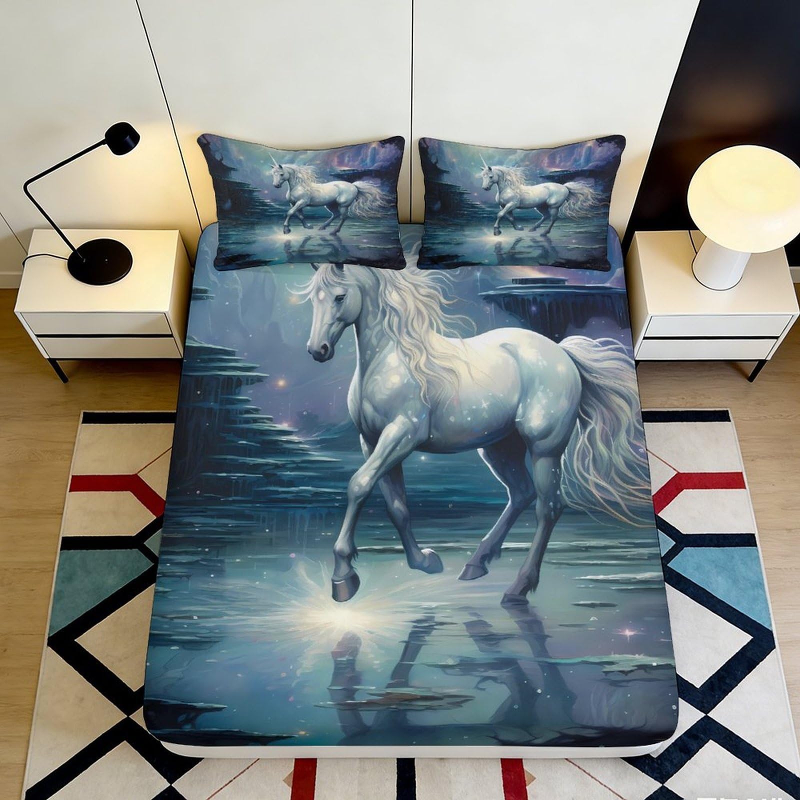 3D Printed Magical Unicorn Fitted Sheet Microfiber Anti-Slip Bed Cover Fantasy Lake Scene for Bedroom Dorm Mattress Protection, Easy Care, Decorative 160x200x25cm