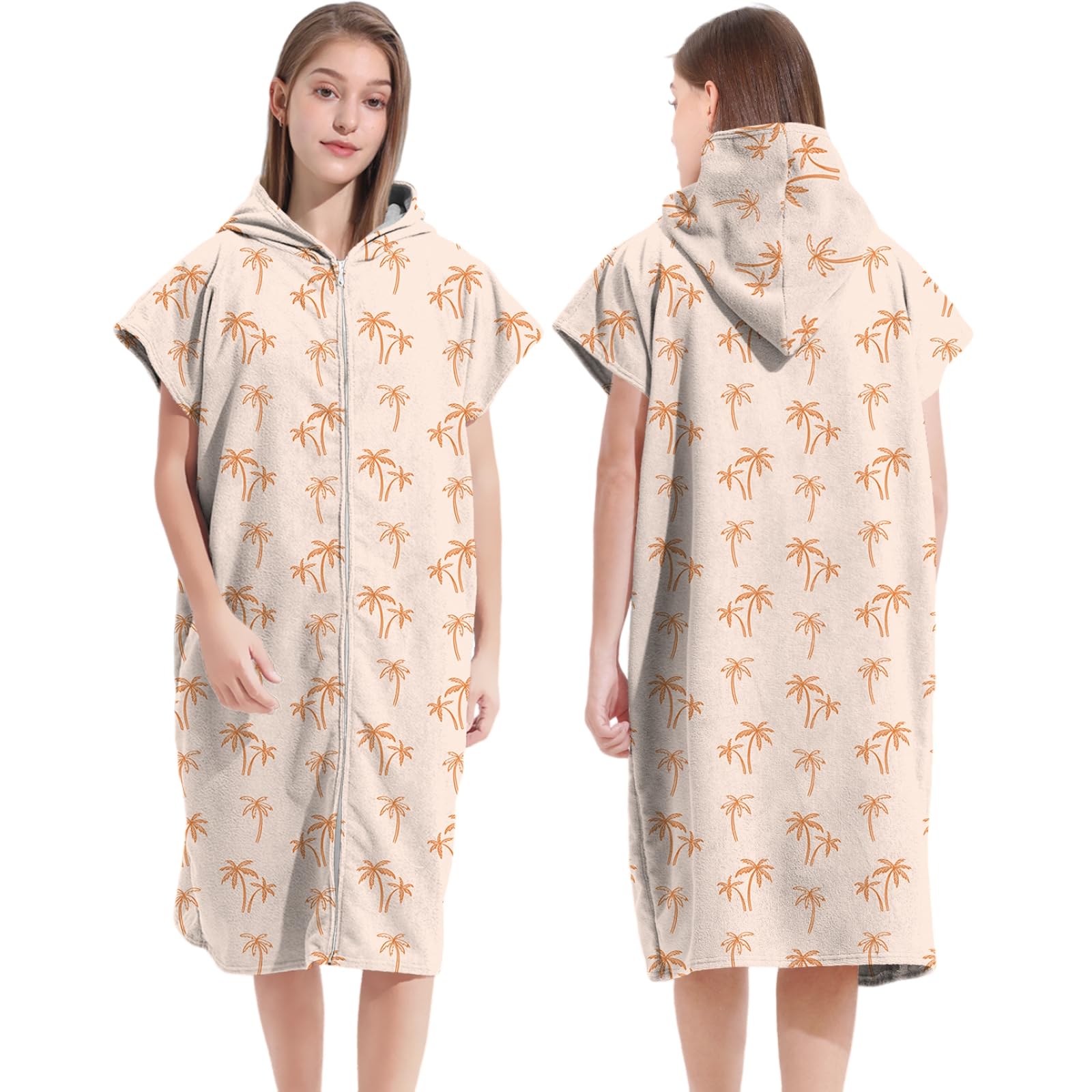 Treer Hooded Towel Poncho Adult, Changing Robe Towel Women Mens Beach Poncho with Hood and Zip Changing Robe Beach Quick Dry Microfibre for Swimming Surfing (Coconut tree,75x110cm)