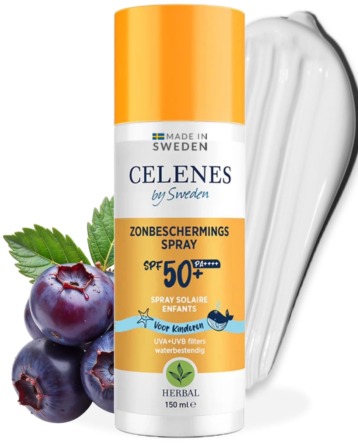 Celenes by Sweden Spray Solar SPF50 para Niños - Protección Mineral, Fórmula Herbal para Piel Sensible, Resistente al Agua, Sin Perfume, Parabenos ni Alcohol, 150ml