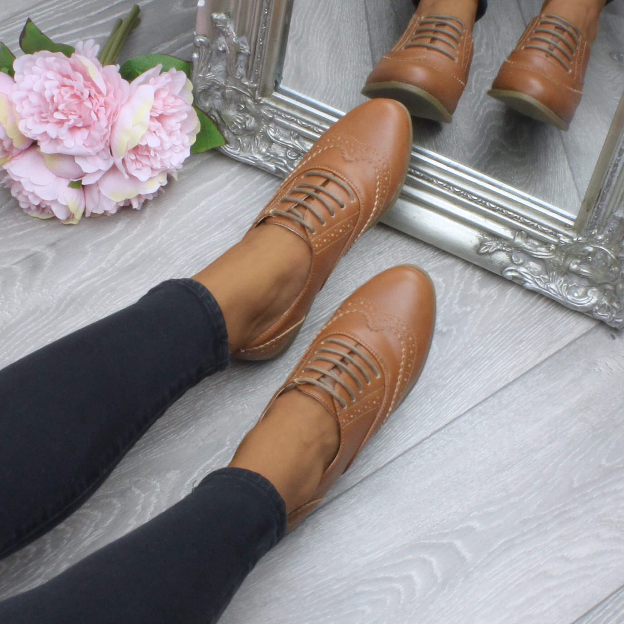 Ajvani Femmes Talon Plat et Bas élégant Classique Chaussures Oxford à Lacets Brogues Pointure