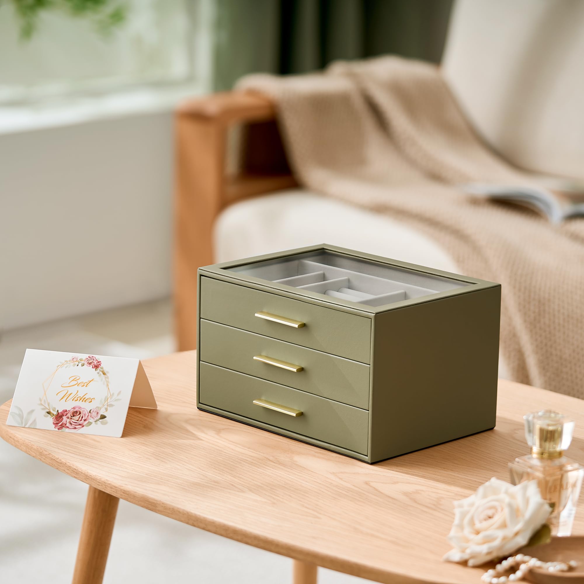 Boîte à bijoux de rangement, 3 couches avec fenêtre en verre, vert