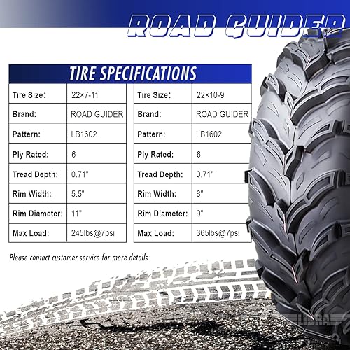 Miniatura 3 de ROADGUIDER Juego de 4 neumáticos ATVUTV 22x7-11 delanteros y 22x10-9 traseros6PR 0.787 in banda de rodadura profunda compatible con Honda Recon 250