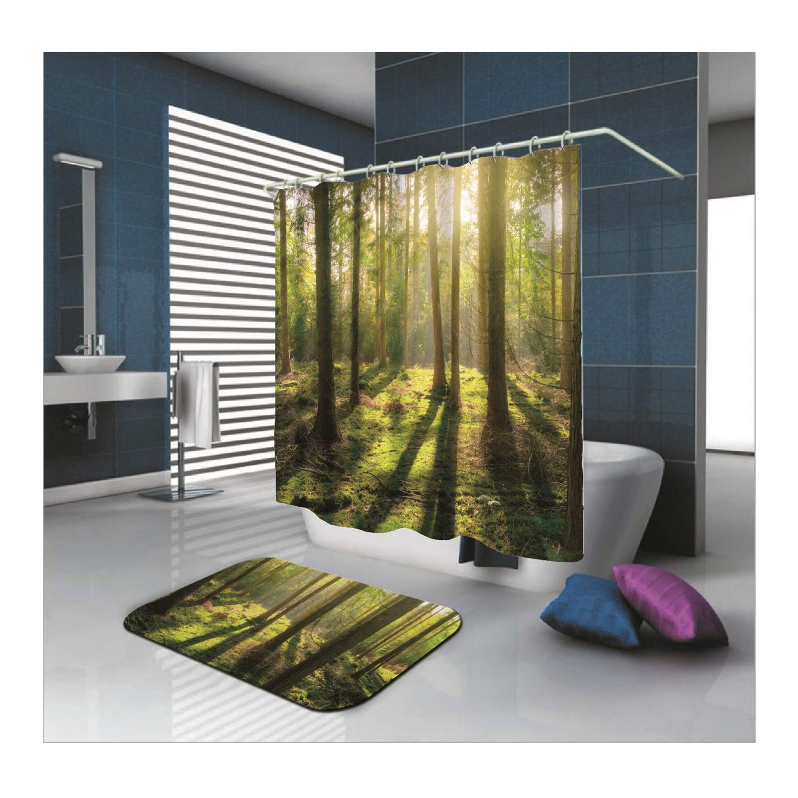 Daesar Dywaniki łazienkowe nadają się do prania 40 x 60 cm las rano 165 x 180 cm zasłona łazienkowa w stylu vintage, maty łazienkowe zestaw