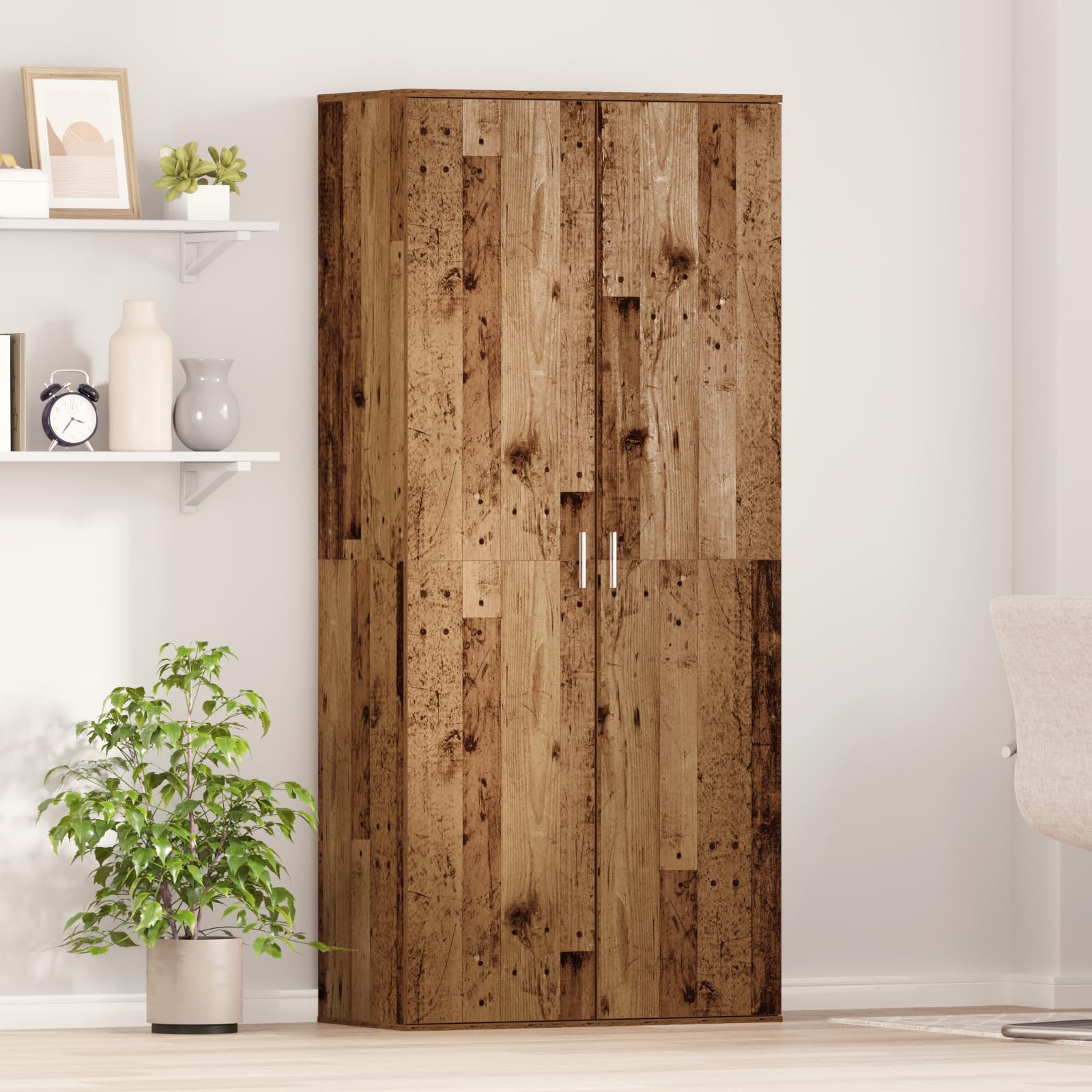 Wysoka szafka z regałem, stare drewno, materiał drewnopochodny, 80 x 39 x 178 cm, z 2 drzwiczkami, wąska, zajmuje mało miejsca, do korytarza, przedpokoju, garderoby, porządku i