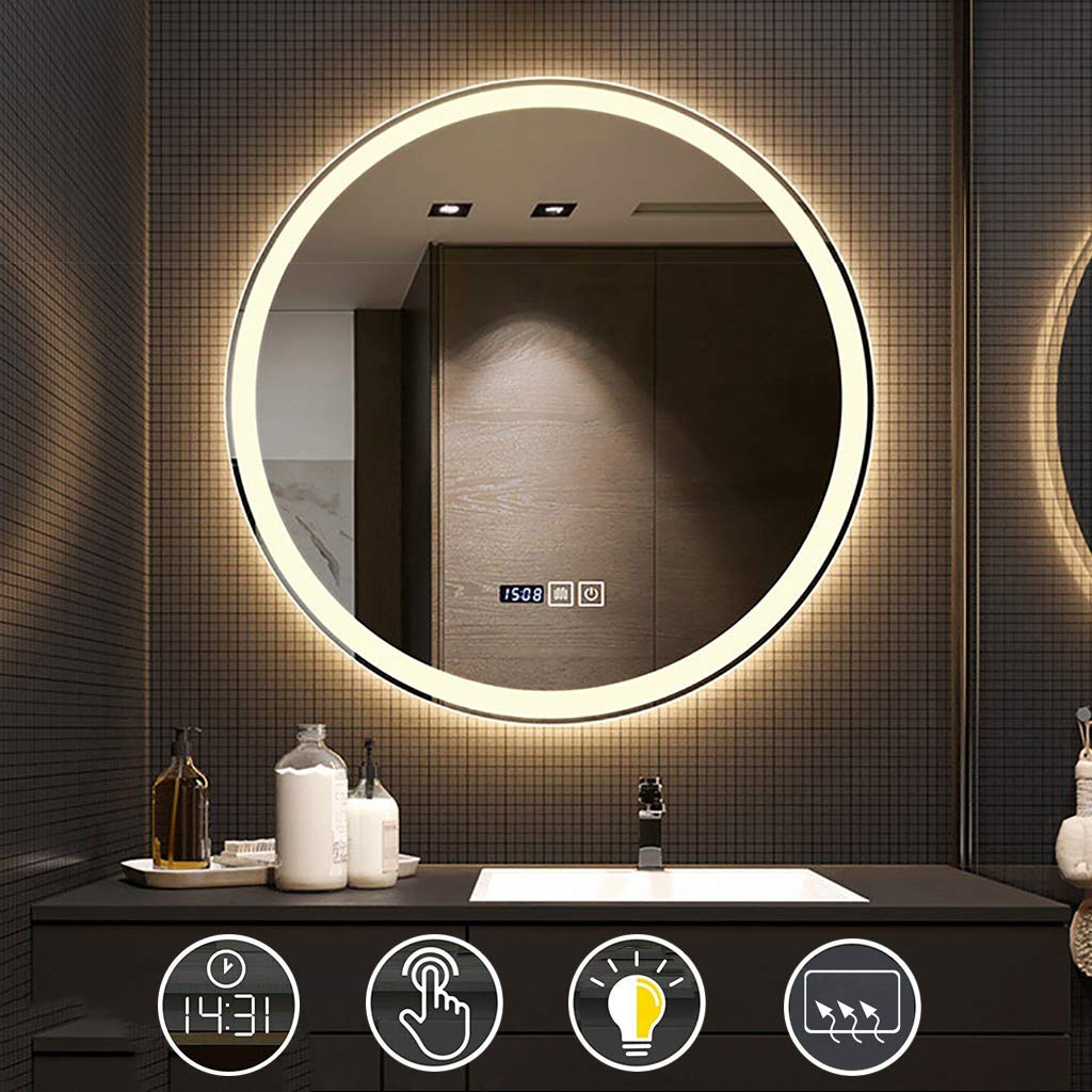Specchio da Bagno Rotondo Illuminato con Luce LED e sensore tattile antiappannante + Specchio da Barba per Trucco dimmerabile, Montato a Parete