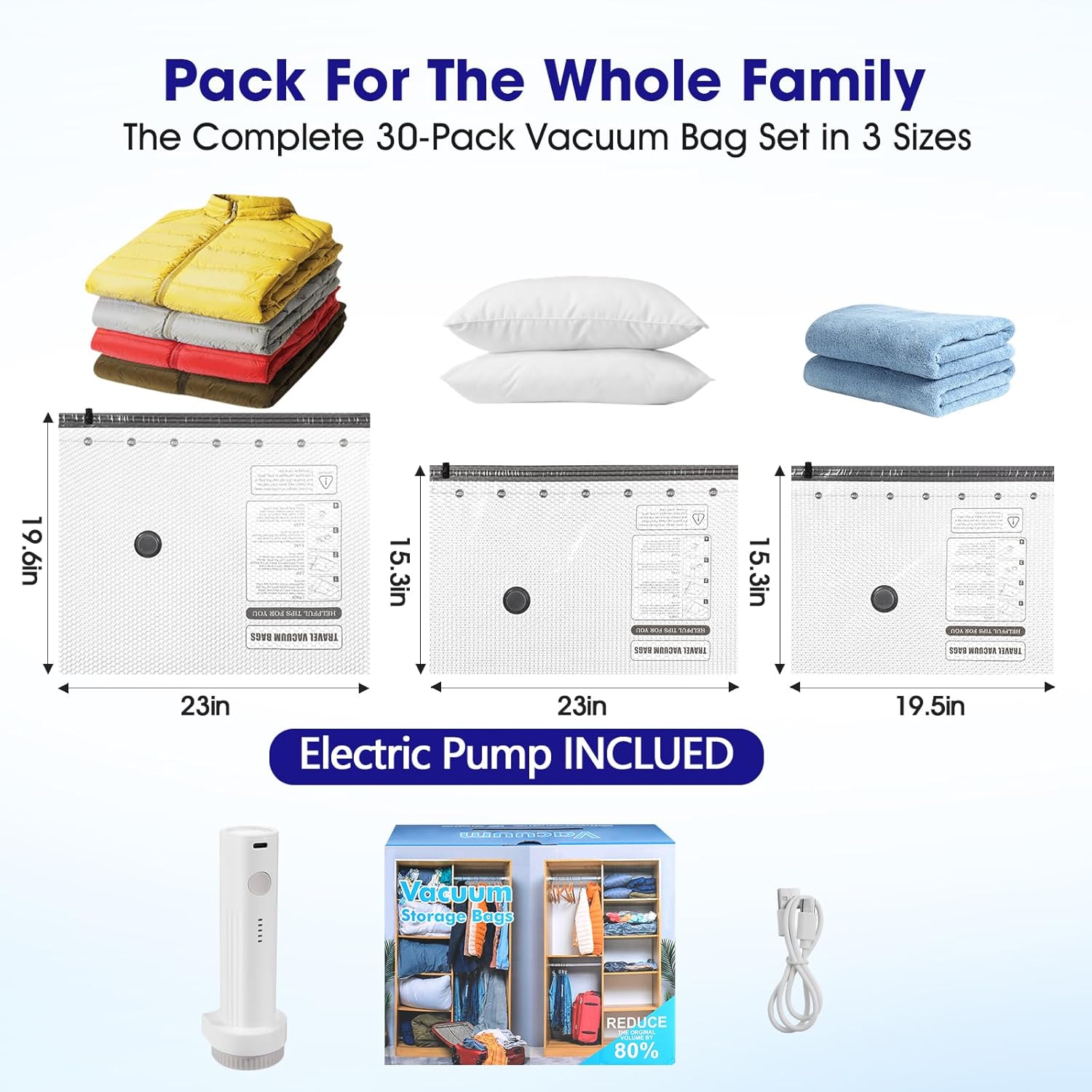 30 Pack Vacuum Storage Bags with Rechargeable Wireless Pump,10 Large 10 Medium 10 Small Space Saver for Travel Home Seasonal Storage Compression Packing Bags for Clothing Blankets