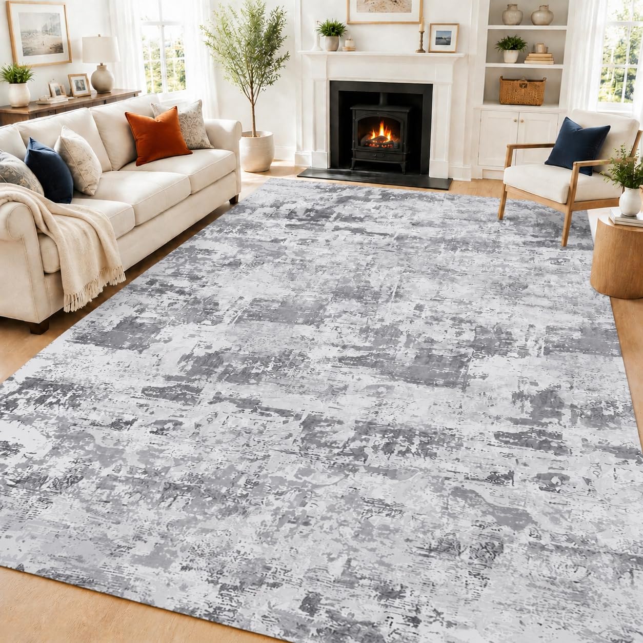 Carpesite Washable Short Pile Area Rugs for Living Room & Bedroom – Neutral Distressed Abstract Style, Anti Slip Carpet, Extra Large Soft Non Shedding Floor Mat for Hall, Dining Room, Home Office