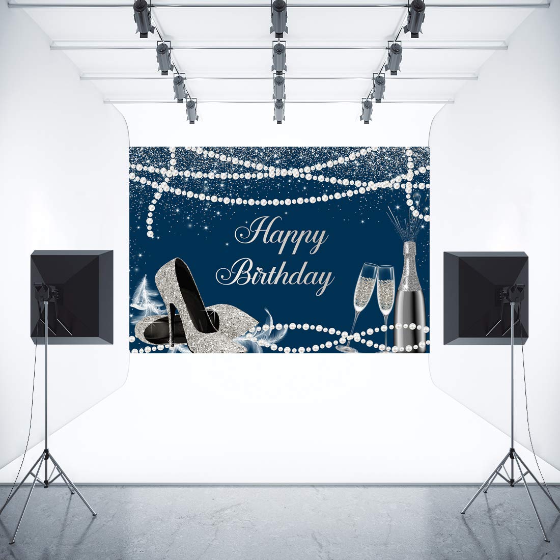 Aperturee Fotohintergrund „Happy Birthday“ – 2,1 X 1,5 M, Glitzer-Silber Mit Blauen Punkten