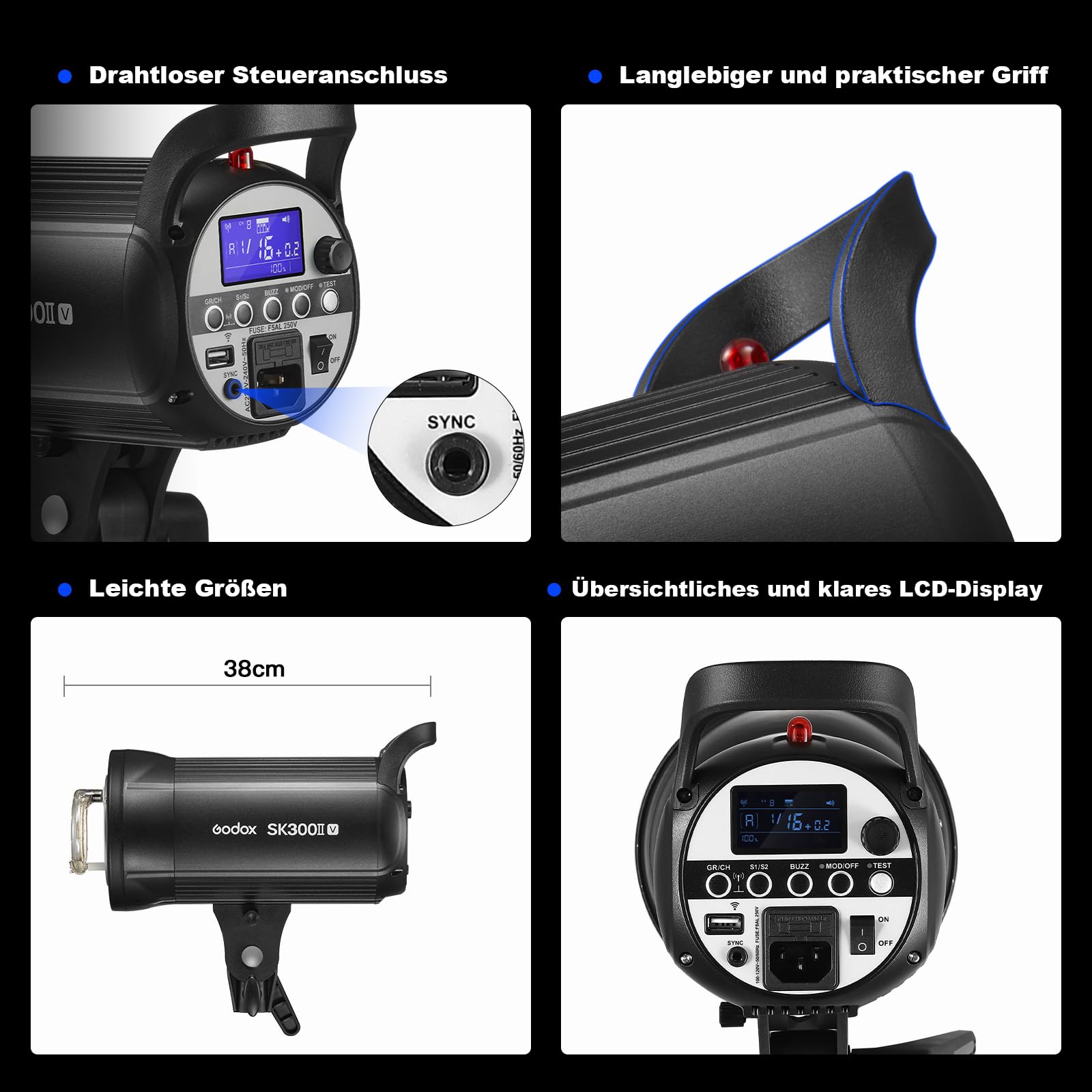 GODOX SK300IIV 300Ws Flash de Estudio Profesional Strobe con GN58,0.1-1.5S Tiempo de Reciclaje,2.4G X Sistema,Montura Bowens,10W LED Lámpara de Modelado para Rodaje, Retrato Fotografía