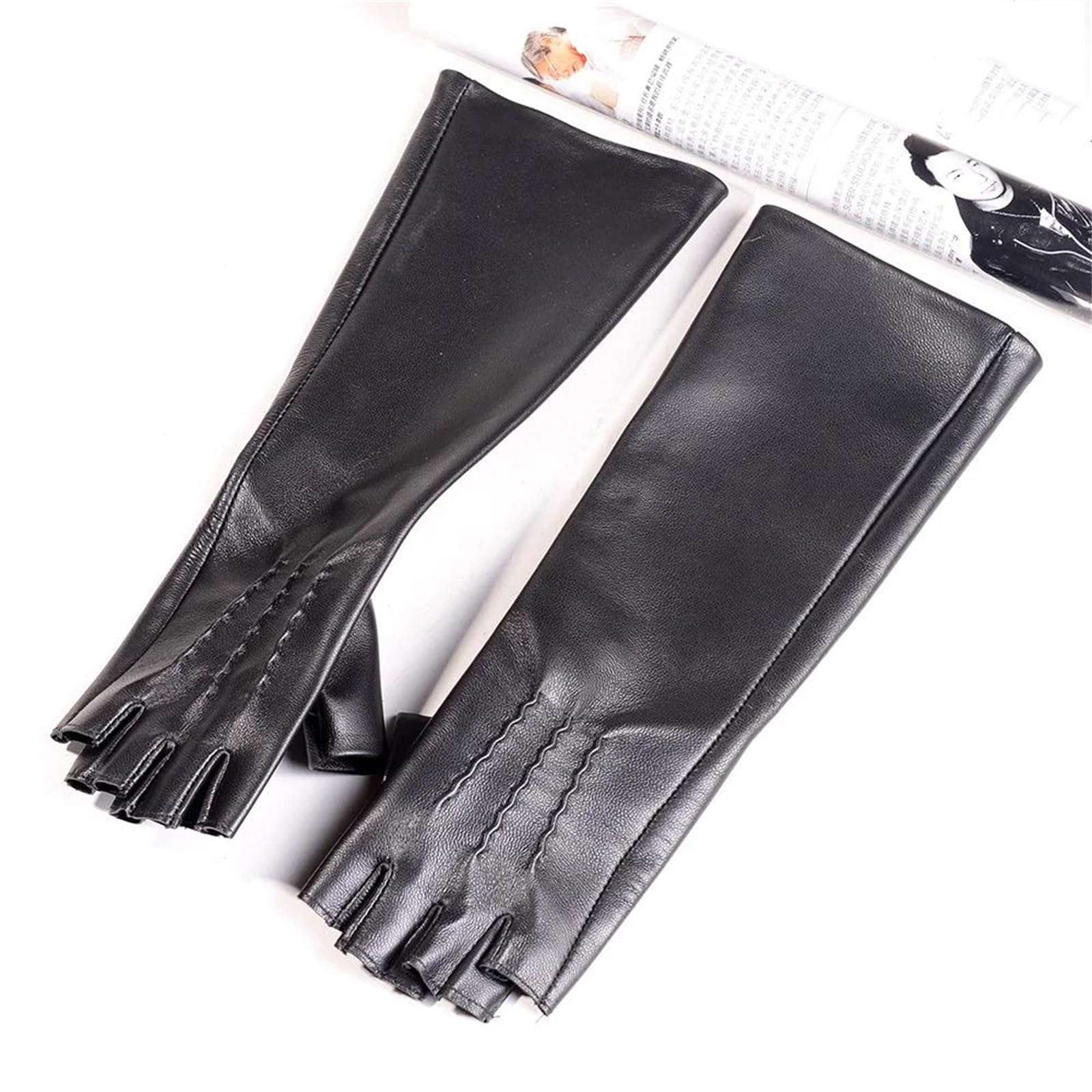 Guantes largos de piel de oveja auténtica para mujer, con medio dedo, longitud de ópera, para fiesta de noche, formales
