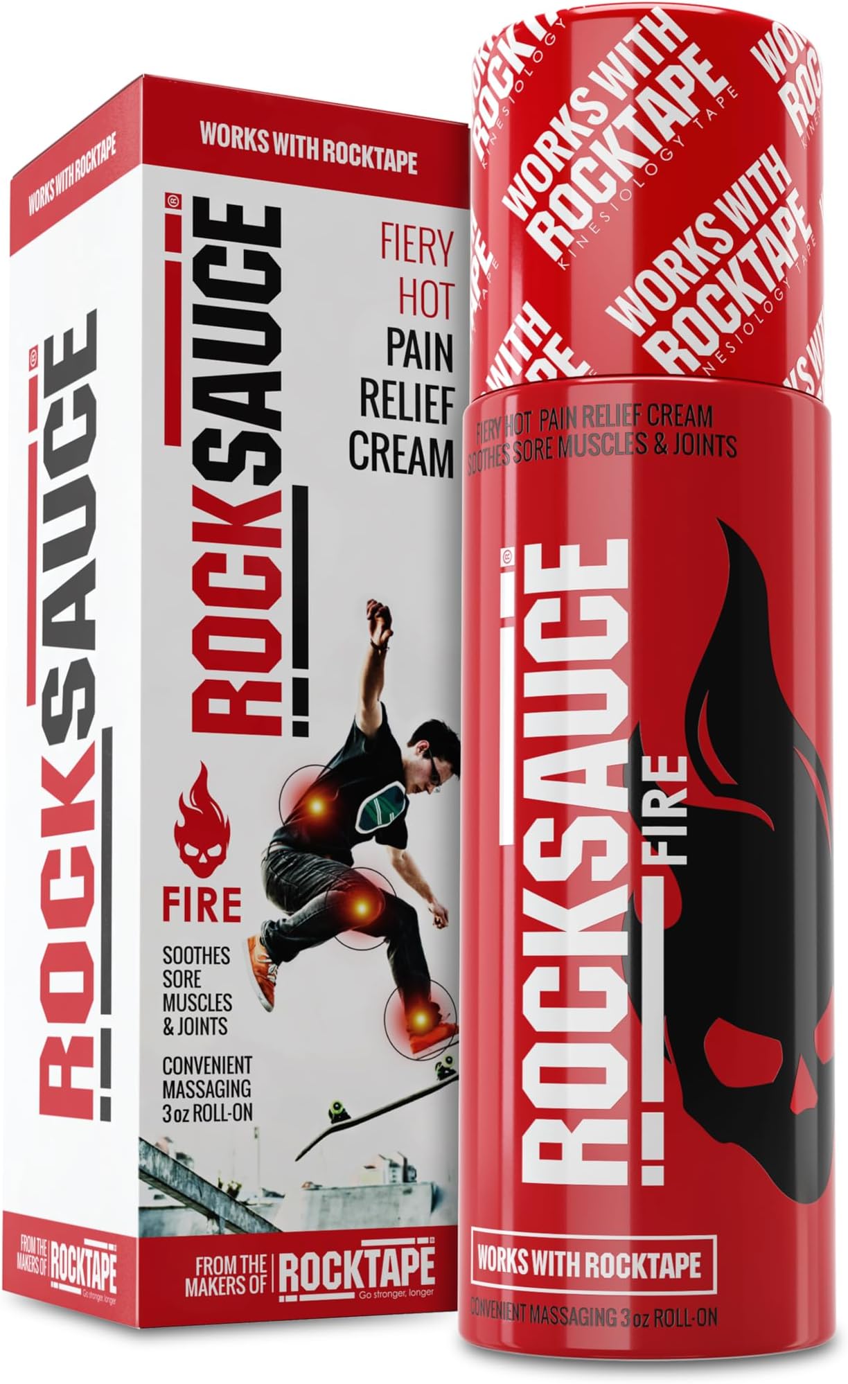 RockSauce Fire, 3 oz Roll-On - Easy to use Pain Relief Cream - Capsaicin & Menthol Formula Relieves Muscle & Joint Pain - Works w/ RockTape - No-Mess Applicator - Dye-Free, Won't Stain Clothes