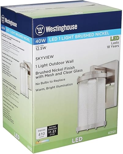 Miniatura 5 de Westinghouse Lighting 6312124 Skyview - Lámpara LED de pared para exteriores, acabado de níquel cepillado con malla y vidrio transparente