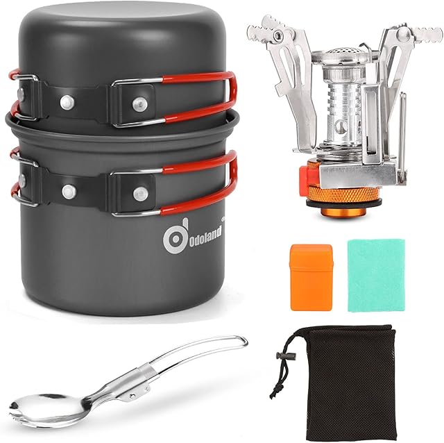 Odoland Camping Cookware Set With Stove and Tableware - Portable Campfire Stainless Steel Cook Gear Outdoor Traveling Cooking Utensils Kit for Trekking Hiking Picnic