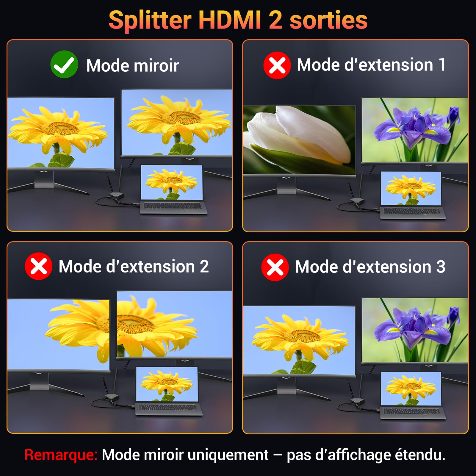 Splitter HDMI 2 Sorties 4K 1440p 1080p HDCP 3D Compatible PC PS4 PS5