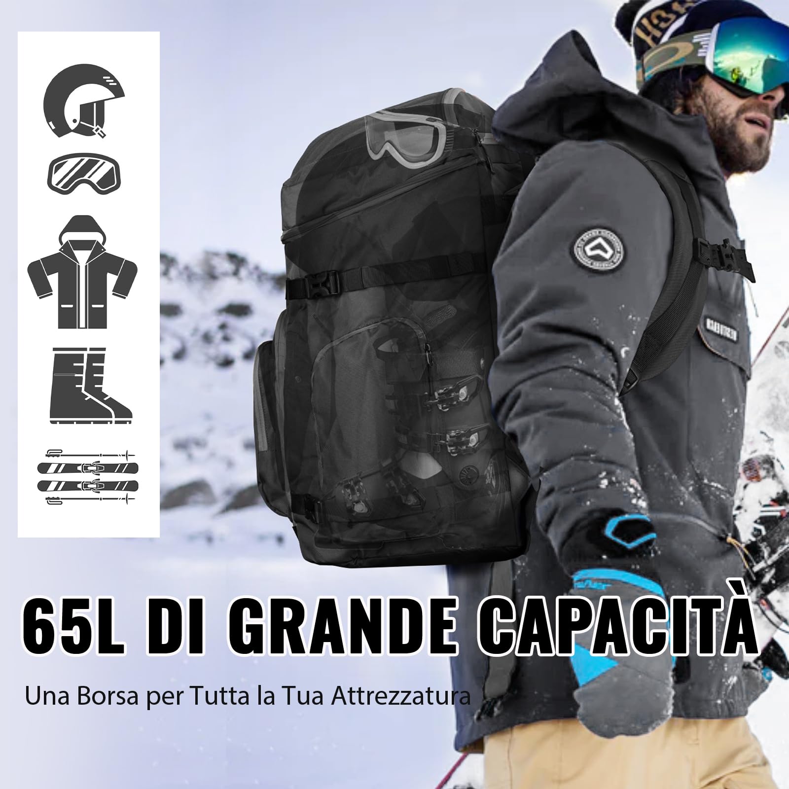 YOREPEK Zaino Porta Scarponi Sci, Impermeabile Sacca Porta Scarponi da Sci e Casco, 65L, Grande Zaino Snowboard con 8 Scomparti Separati per Casco, Occhiali, Guanti, Giacca, Attrezzatura Sciistica
