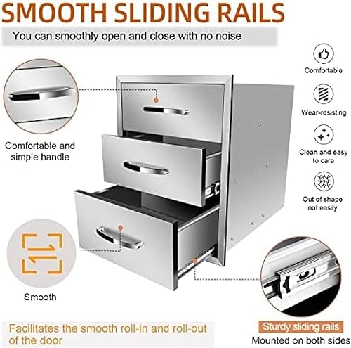 Miniatura 5 de Cajones de cocina de acero inoxidable para exteriores, cajón de barbacoa de 3 cajones, empotrado, montaje empotrado para cocinas al aire libre e