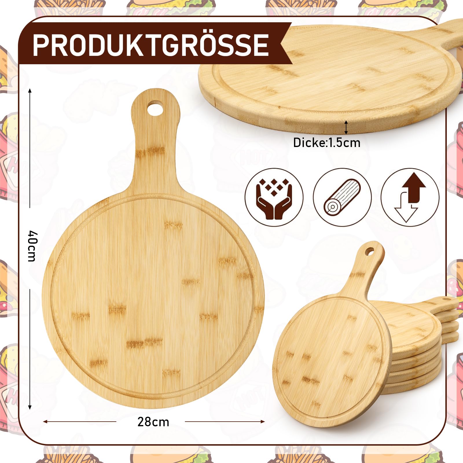 5 tablas de cortar de bambú con asa, tablas de servir redondas, tablas de cocina y tablas de madera para pizza, pan, queso, frutas, verduras, 40 x 28 cm