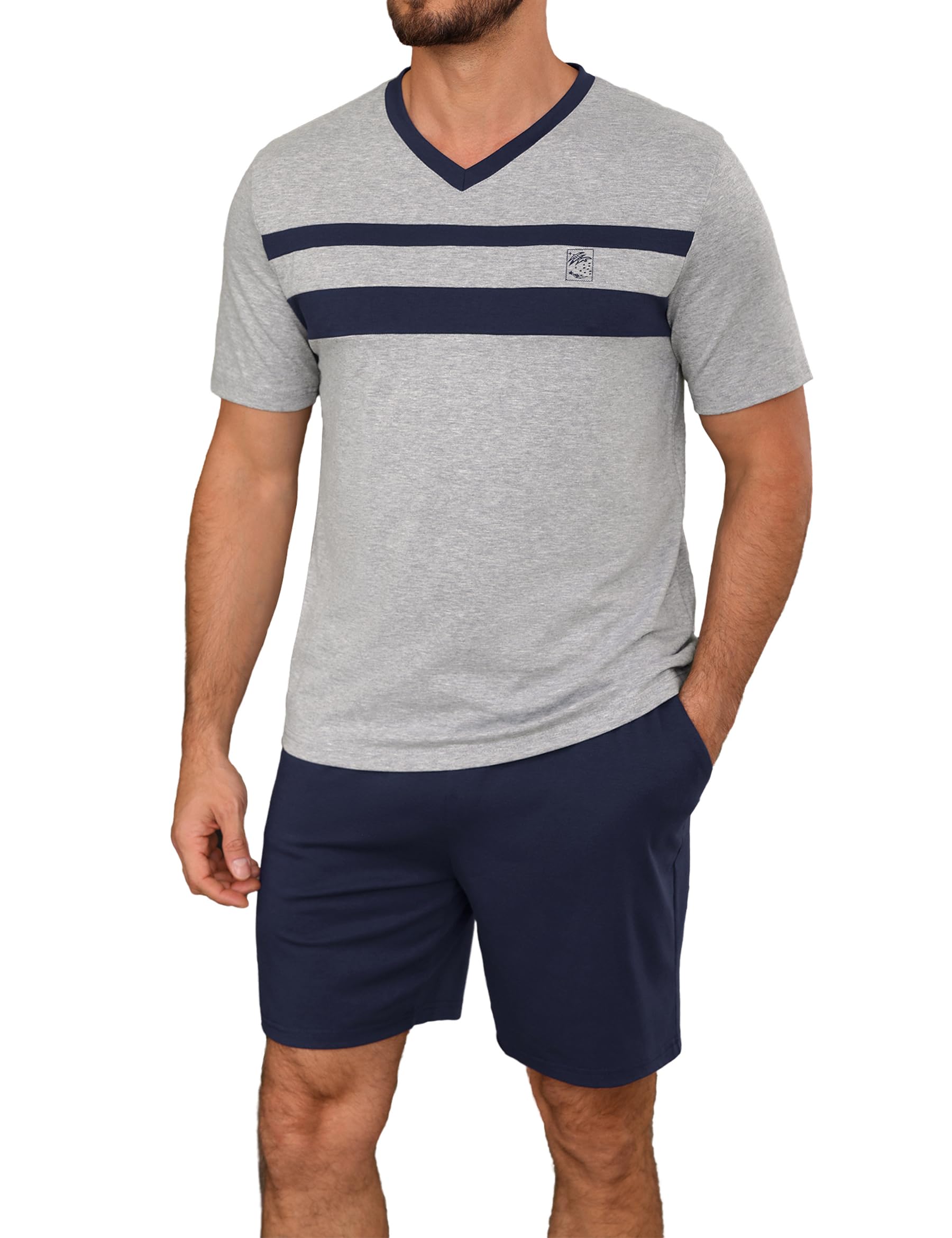 Marvmys Schlafanzug Herren Kurzarm Baumwolle Sommer PyjamaSet V-Ausschnitt Shorts