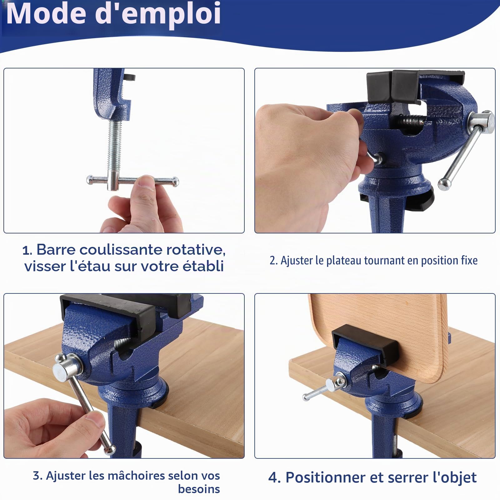 Étau de table 70 mm, pince d'établi compacte en acier moulé avec base pivotante à 360°, mini étau robuste pour bricolage, coupe, perçage, ponçage et réparation