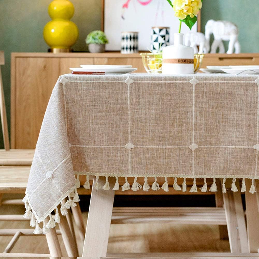 Tablecloths Rectangular Brown Thick Cotton Linen Washable Waterproof Table Cloth Fringed Lace Table Cover for Kitchen Dining Restaurant Party (135x180cm)