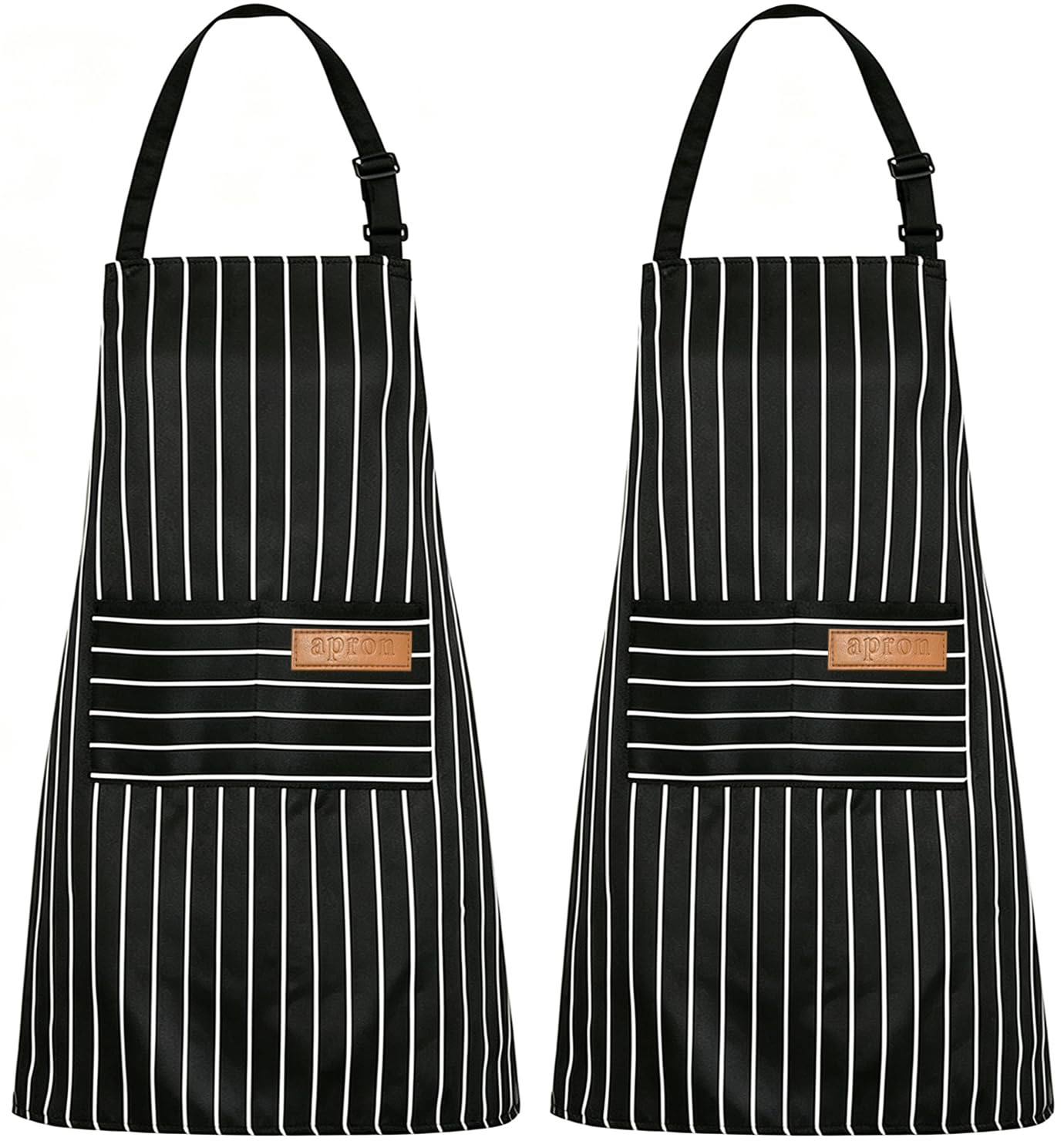 YUANJIASHUN YAO 2 Pack Black White Vertical Striped Chef Aprons, Adjustable Neck Strap Cotton Polyester Cooking Apron with Large Front Pocket for Women Men, Ideal for Baking Grilling Cafe Restaurant