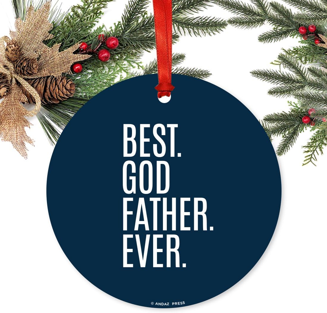 Andaz Press Round Metal Christmas Ornament, Best Godfather Ever, 1-Pack, Includes Ribbon and Gift Bag, Father's Day Birthday Present Gift Ideas