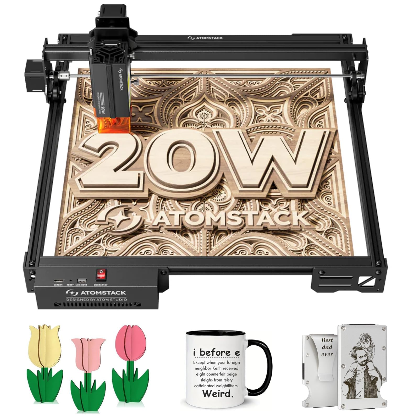 ATOMSTACK 20W Laser graviermaschine A20 PRO V2 Laser Cutter, Hochpräzisions-Lasergraviermaschine für personalisierte Geschenke, Visitenkarten, Holz, Metall, Acryl, Leder