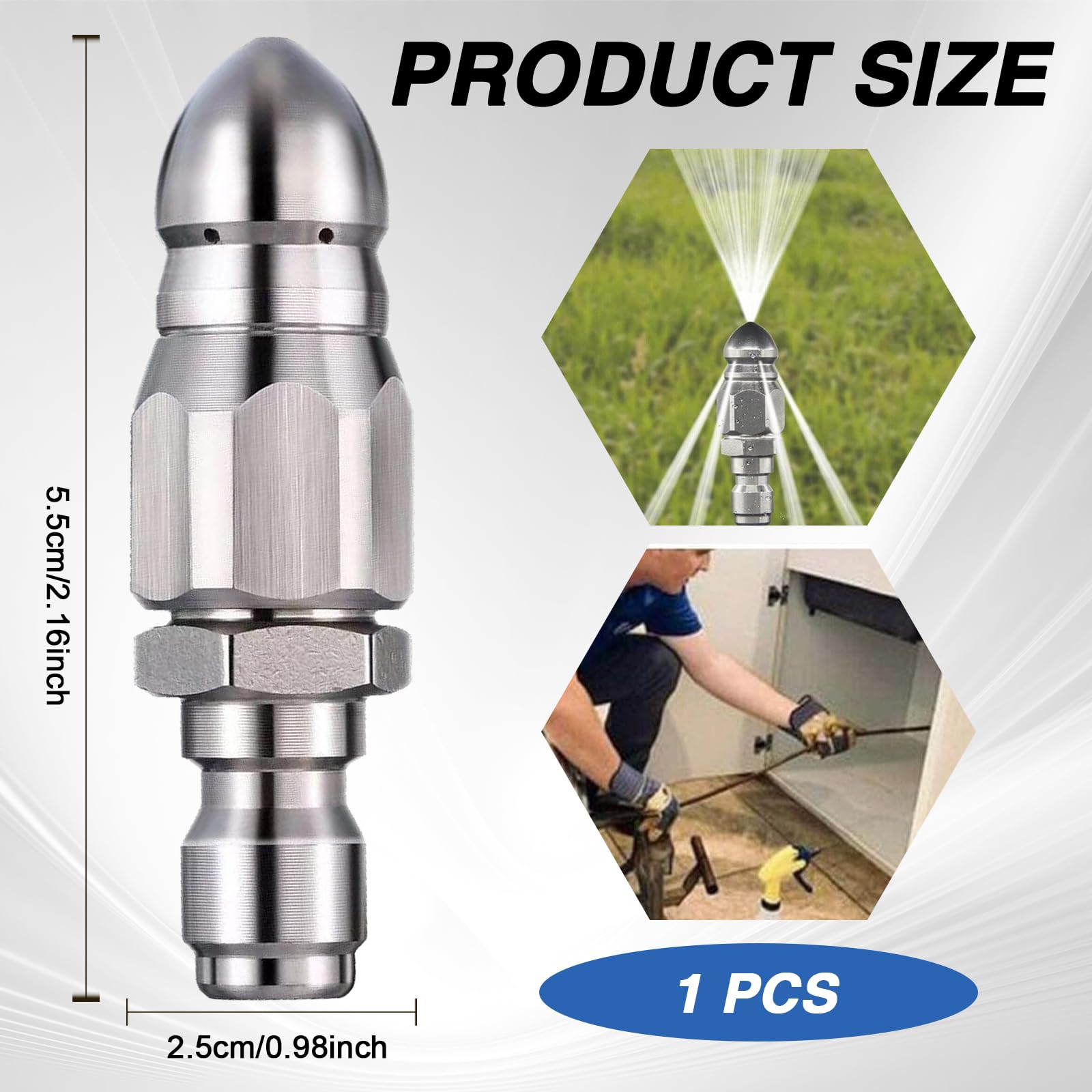 Boquilla de alta presión de acero inoxidable para desatascar tuberías de desagüe, boquilla de limpieza de alcantarillado de alta presión de acero inoxidable con conexión rápida de 1/4"