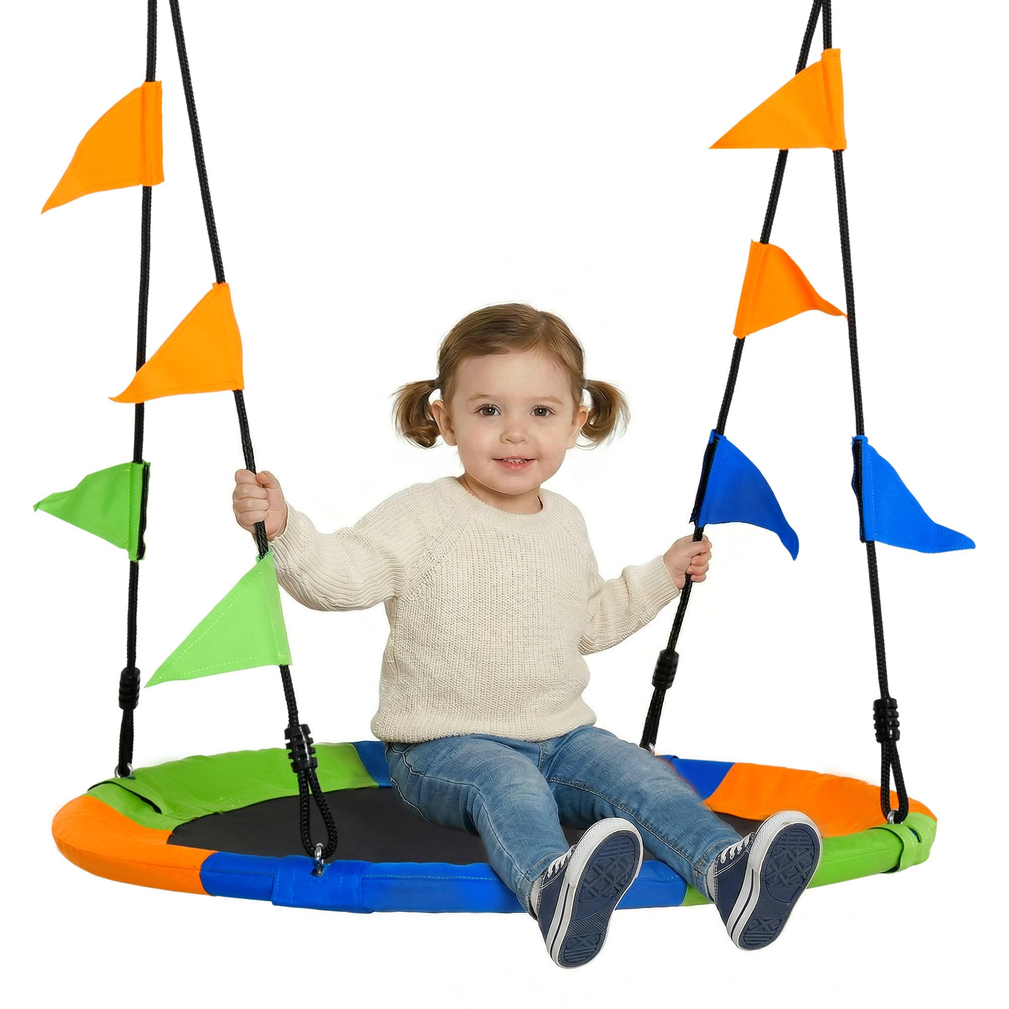 Outsunny Balançoire nid d'oiseau Ronde Ø 100 cm, Multicolore | Pour enfant et adulte, 2 anneaux, drapeaux inclus, poids max. 80 kg, métal époxy PP Oxford haute densité,