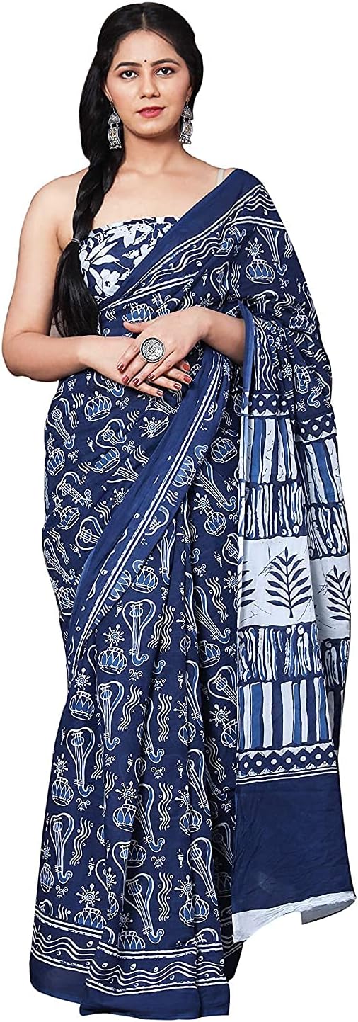 Shivanya Handicrafts Printed Mulmul Cotton Saree for Women Attach Blouse Piece