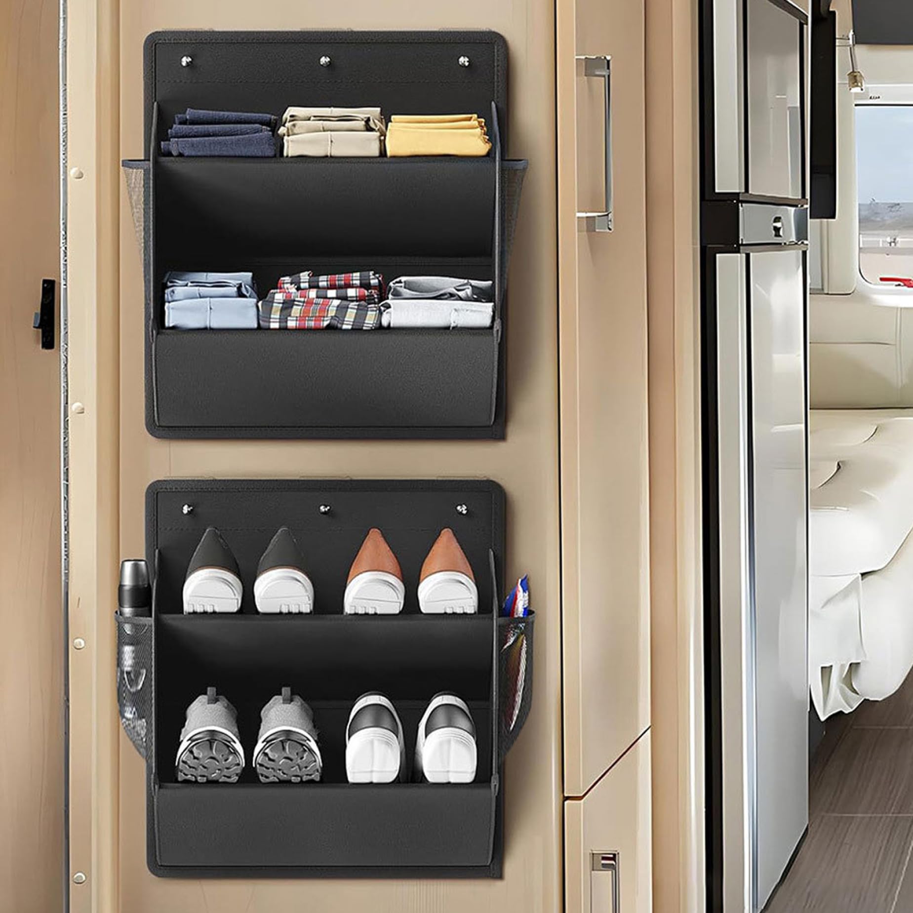 Zapatero RV de 2 piezas para detrás de la puerta con gancho adhesivo, zapatero con bolsillos grandes y bolsillos laterales de malla, organizador de zapatos de tela que ahorra espacio, colgador de