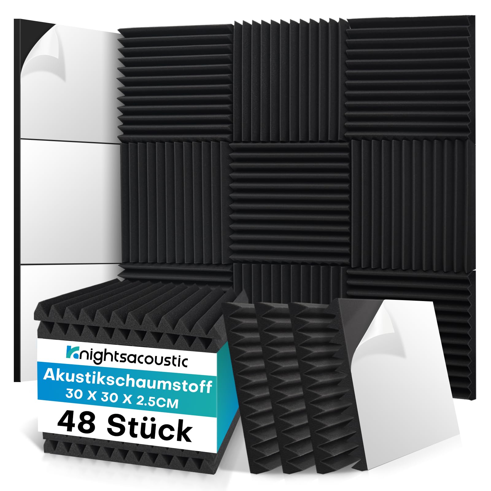 Lot de 48 panneaux acoustiques autocollants en mousse acoustique - 2,5 x 30 x 30 cm - Pour studio d'enregistrement, podcasts, chambre YouTube